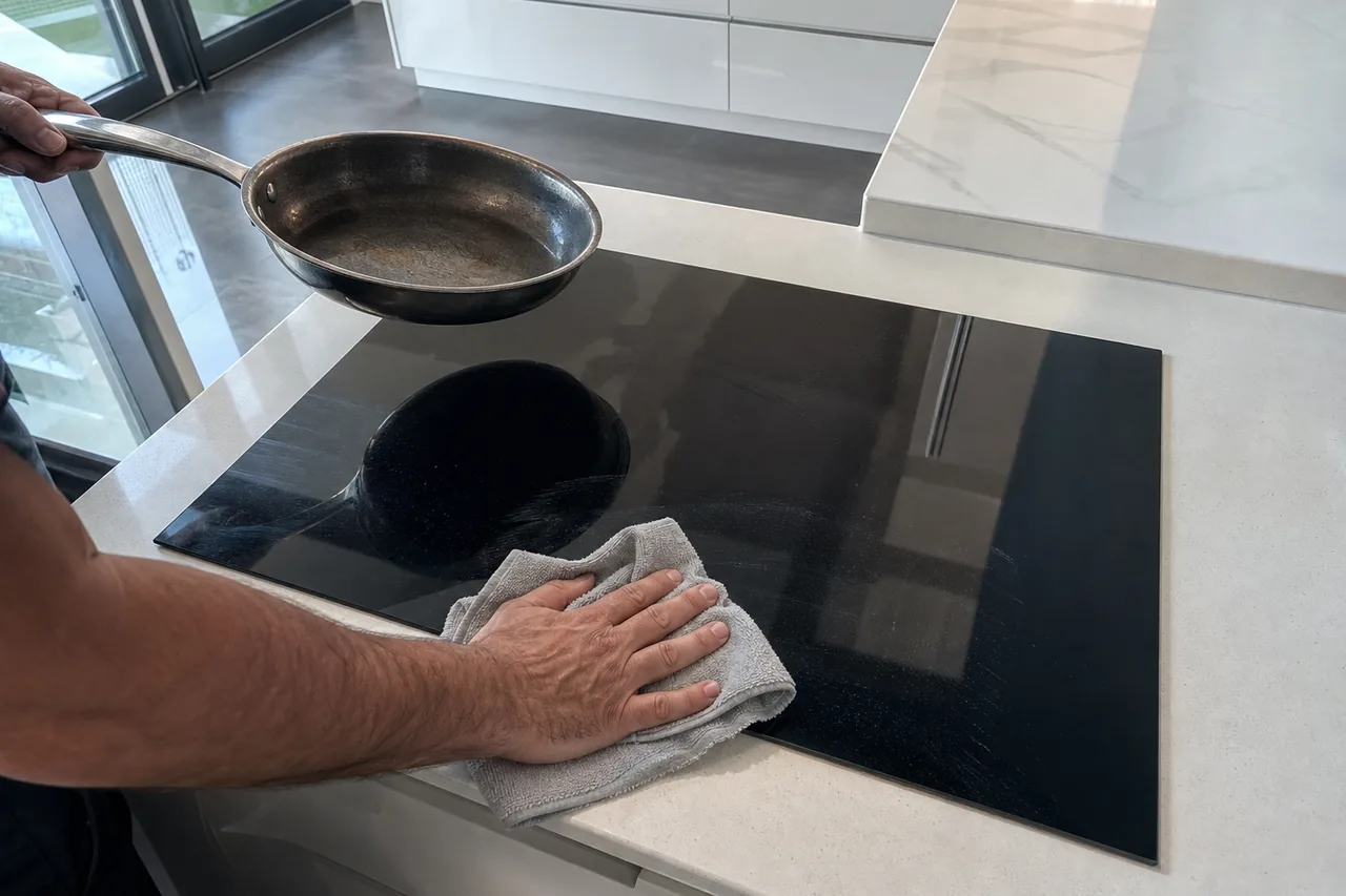 A hand wipes the black glass of an induction cooktop with a grey cloth while the other lifts a stainless skillet clear of the surface, white quartz counters around it