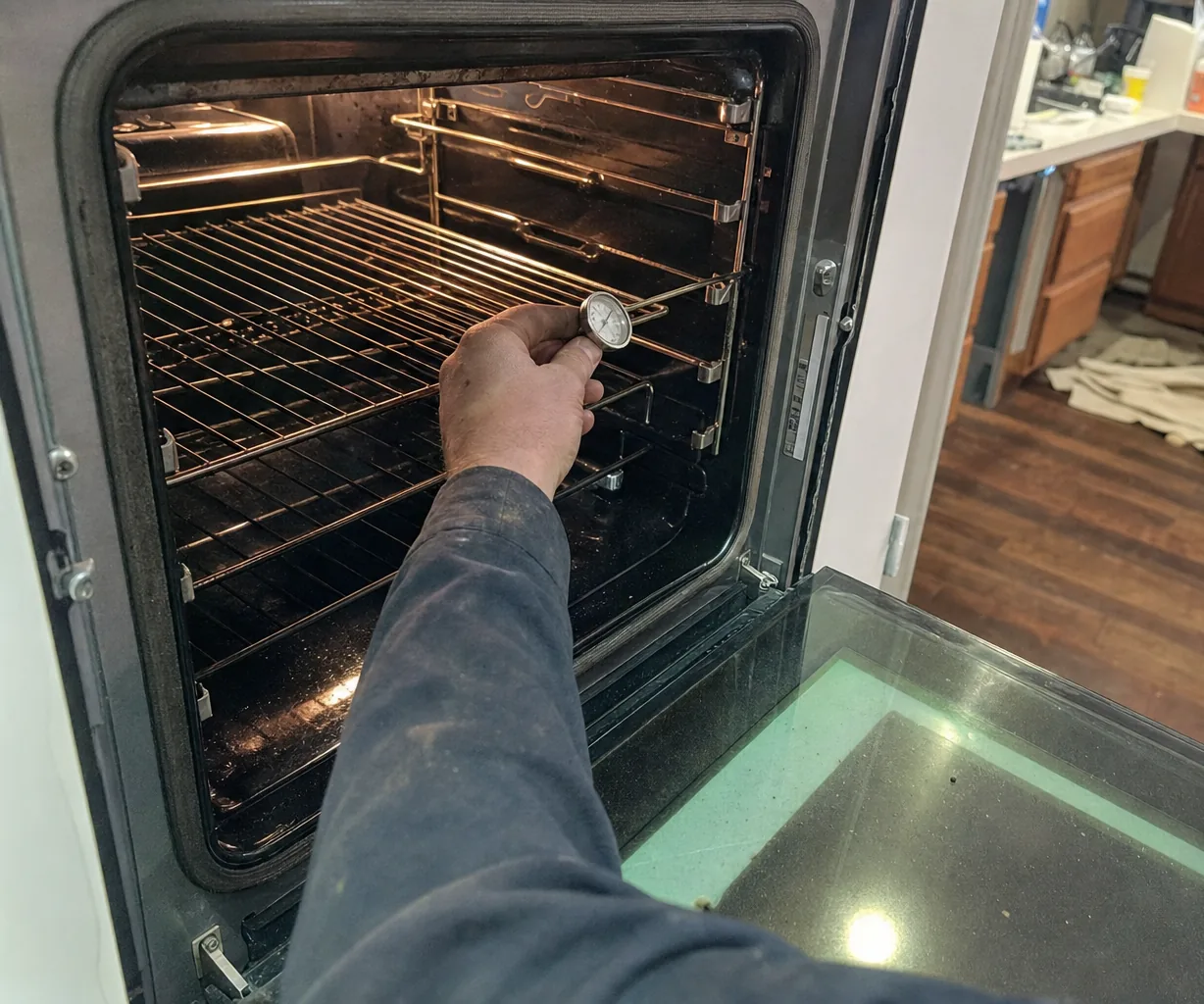 An open wall oven with its glass door folded flat, a hand in a dark sleeve holding a dial thermometer beside the middle rack of the lit cavity