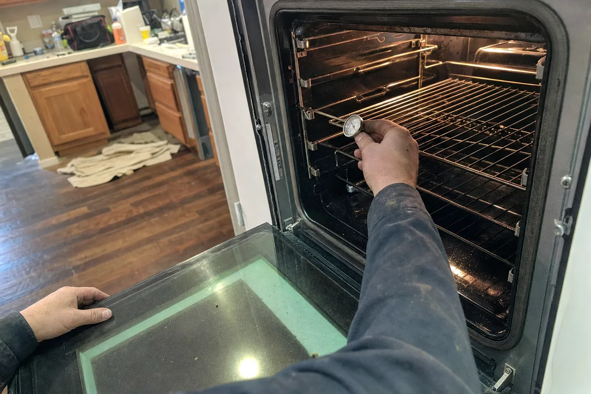 An oven checked with a dial thermometer on the rack, older oak cabinets visible across the room behind the open door
