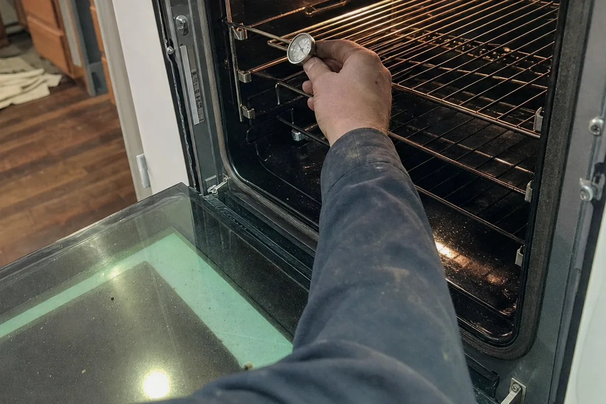 A thermometer placed on the rack of a hot oven, the reading taken from the open doorway