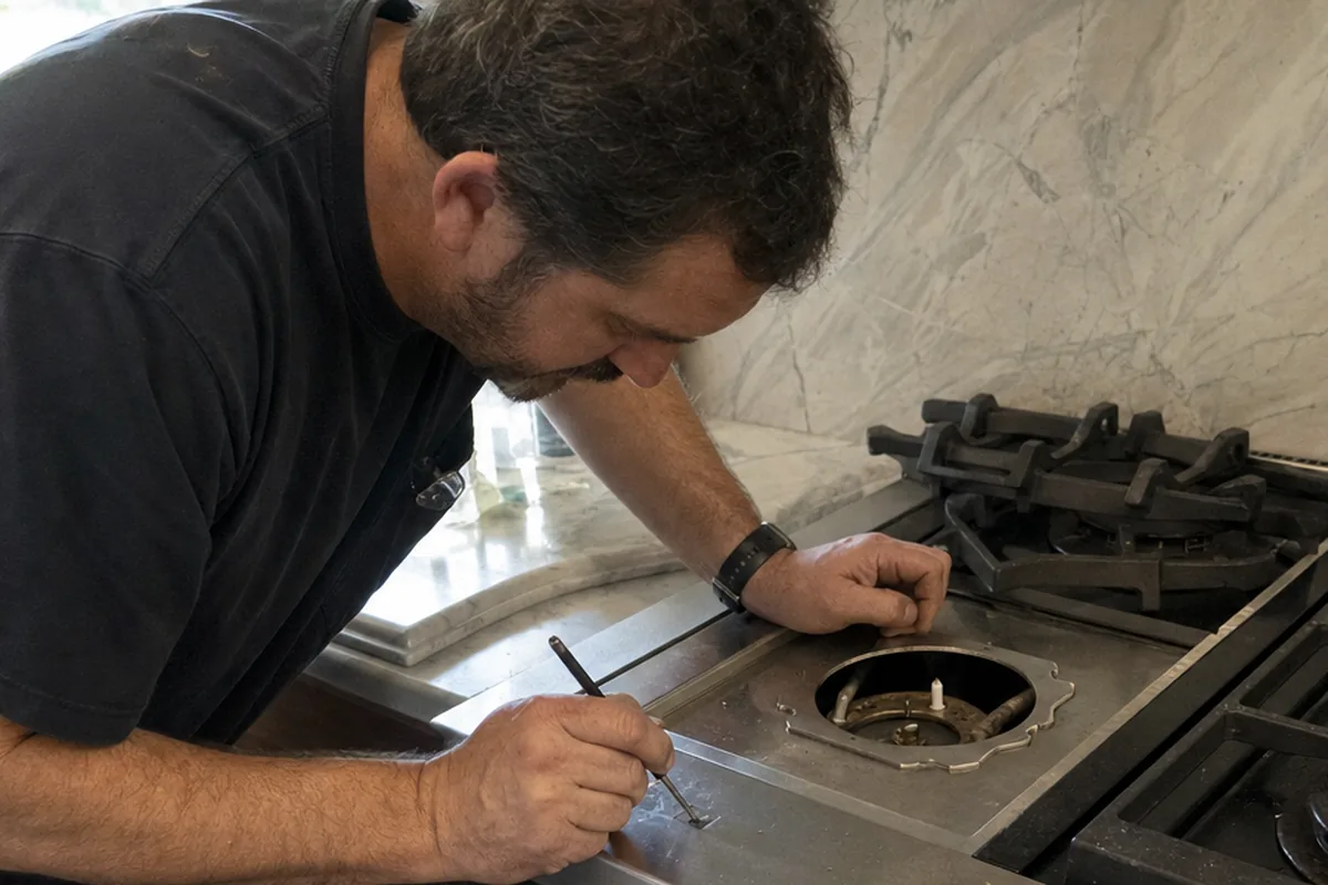 A technician bent over an open burner well on a stainless range, the cast iron grates set aside on the counter
