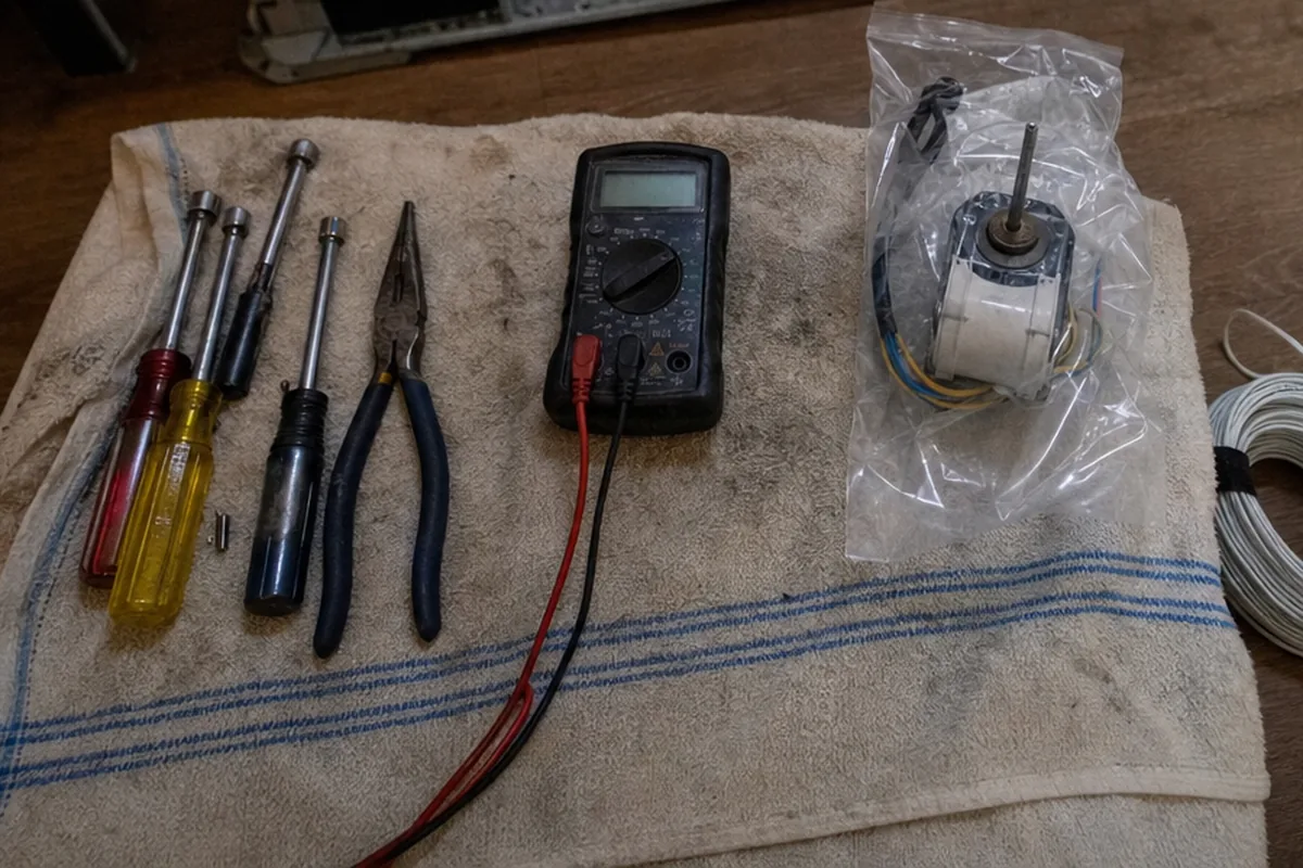 A bagged replacement part on a drop cloth beside the meter, screwdrivers and pliers it will be fitted with