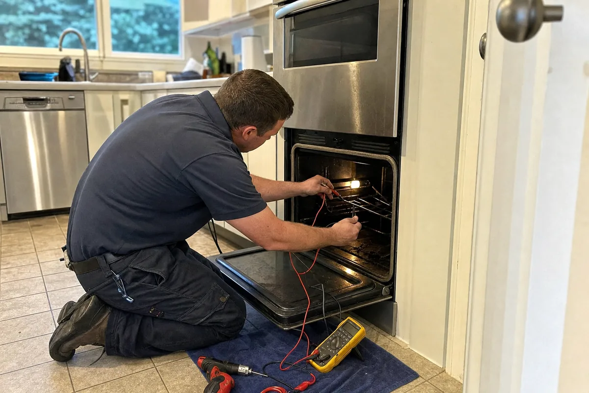 A built-in wall oven standing open with a clamp meter on the floor beside a kneeling technician, the kitchen running away behind him