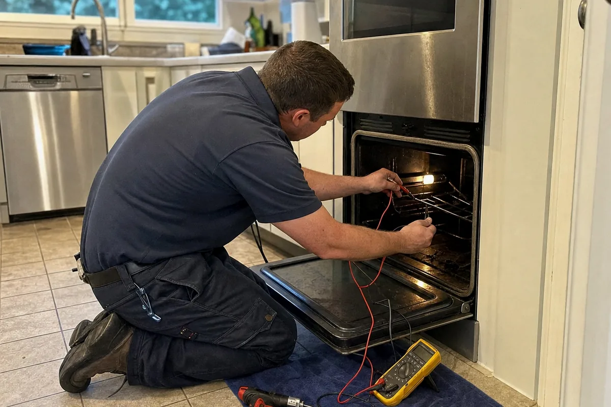 A built-in wall oven opened up for testing in a tiled kitchen, tools laid out on the mat below the door