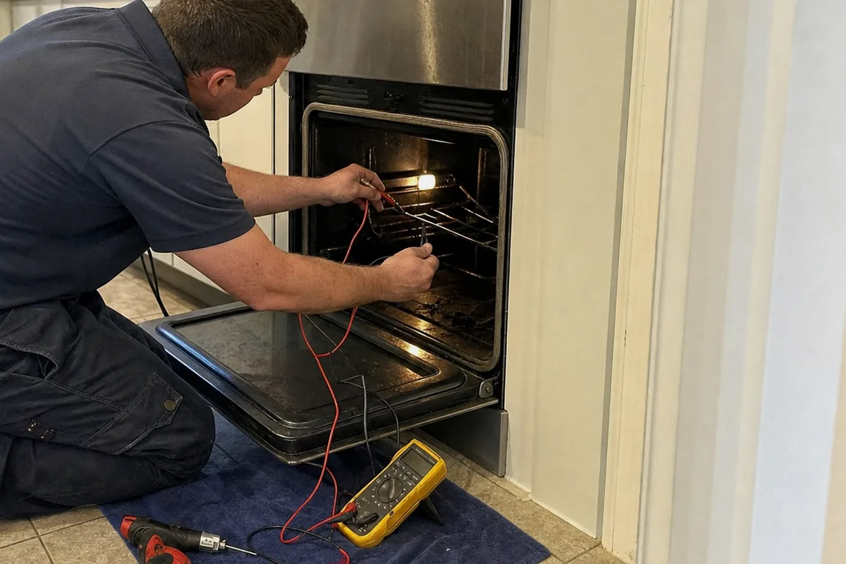 Meter leads clipped inside a wall oven cavity while the technician works from the floor in front of the open door