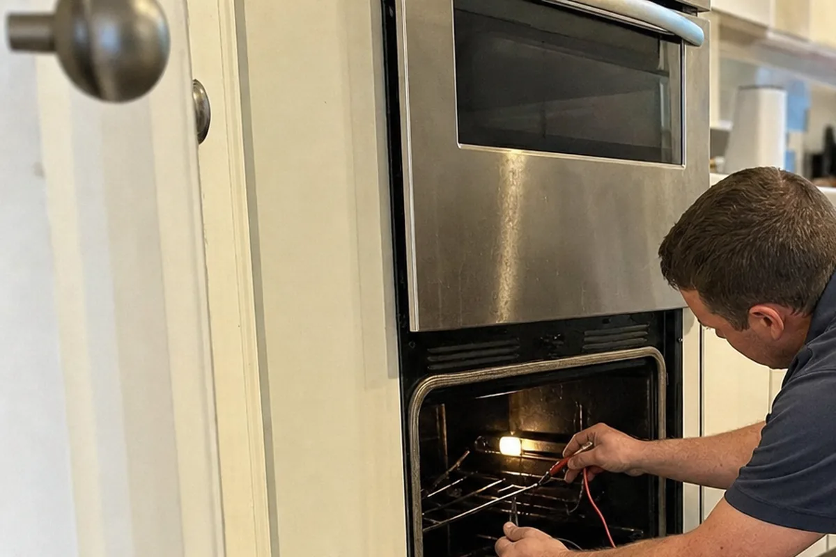 A double wall oven seen in its cabinet run, upper cavity closed and the lower one open with test leads run inside, the door casing framing the stack